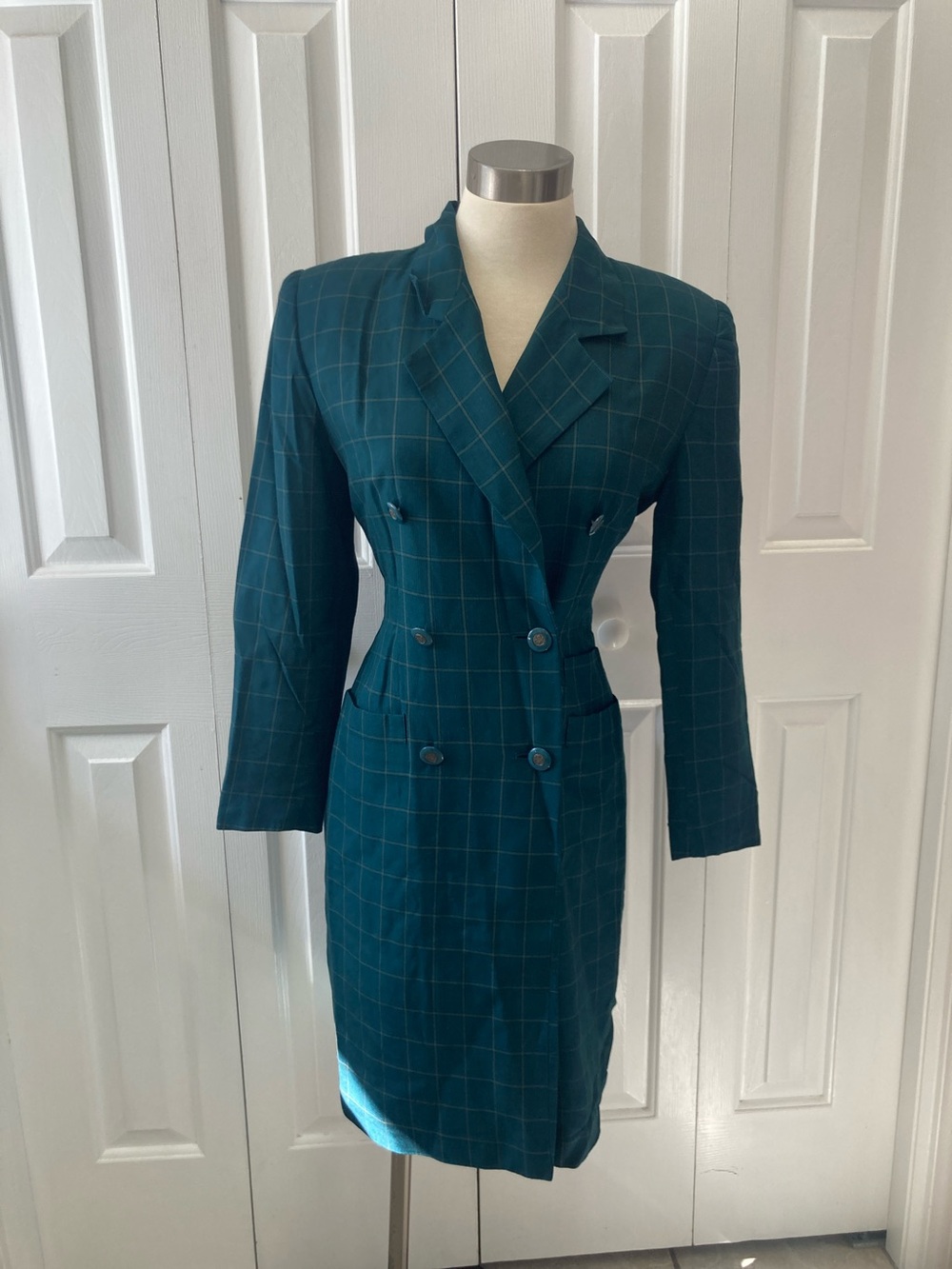 Kasper Teal Windowpane Double-Breasted Blazer Dress